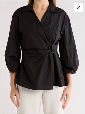 Gemma + Jane Black Draped D-Ring Faux Wrap Top size Large.